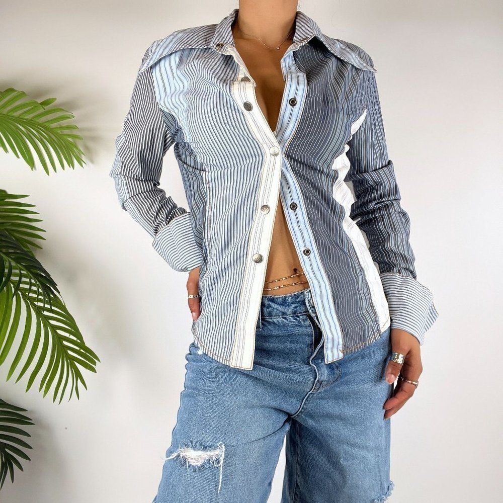 Vintage Y2K Blue Striped Patchwork Coastal Preppy Button Up Shirt / Size: M